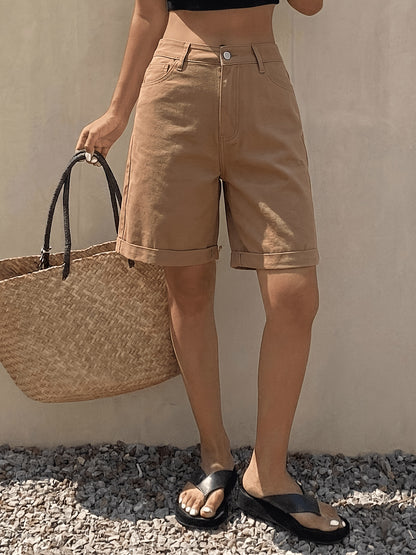 Women’s Stretch Camel Denim Bermuda Shorts with Rolled Cuffs