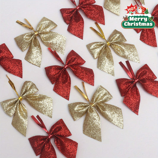 60pcs Elegant Red & Golden Glitter Mini Bows with Golden Ribbon - Durable Polyester Christmas Tree Decorations, Wreaths, Gift Wrapping, Crafts - Shiny Glossy Bows with Sharp Tip for DIY, Party Decorations, Holiday Ornaments (