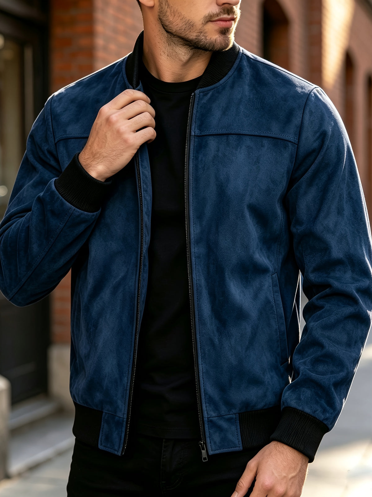 Men's Casual Full-Zip Bomber Jacket with Ribbed Cuffs for Fall/Winter