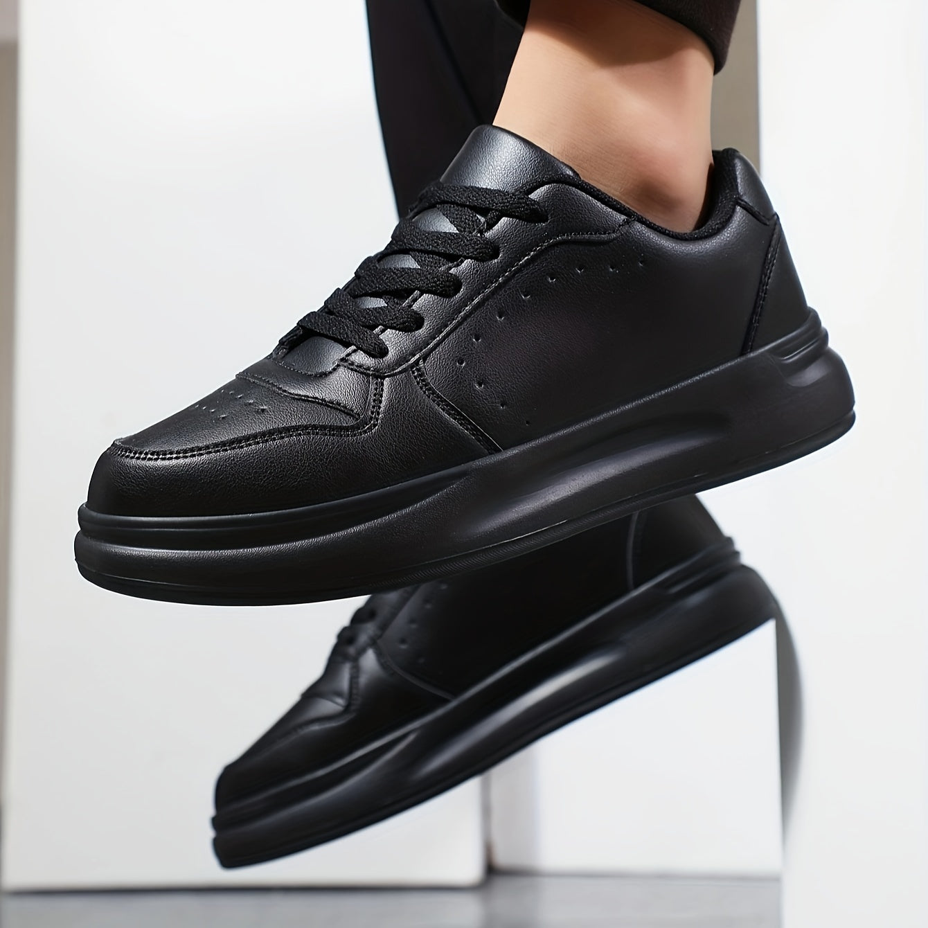 Men's Trendy White Skate Sneakers - Comfortable, Breathable, All-Season Low-Top Lace-Up Shoes with Thick Sole, PU Upper & Mesh Lining for Casual Streetwear