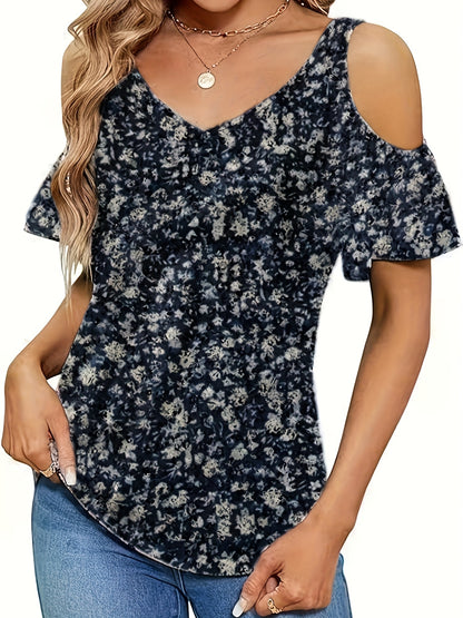 Women'S Summer V-Neck Pleated Floral Print Sexy Off-Shoulder T-Shirt