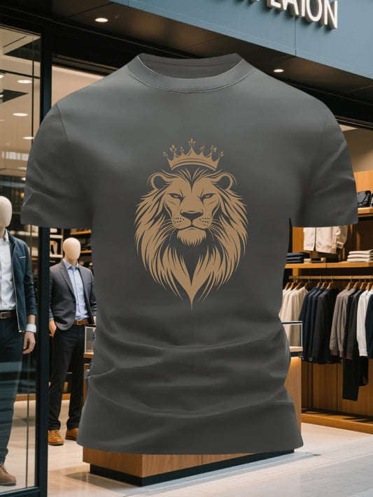 Men's 100% Cotton Crew Neck Short Sleeve T-Shirt with Regal Lion Crown Graphic Print - Navy Blue Casual Comfort Fit, Machine Washable All-Season Versatile Top, Cotton T Shirts, Leisure Clothing, Creative Print Shirt, Soft Tex