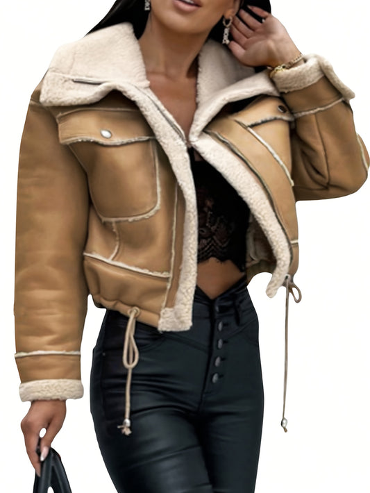 Women's Suede-Like Lamb Fleece Jacket - Winter Warm Coat with Full-Zip Closure, Collar & Plush | Hand Washable Soft Outerwear for Fall & Winter | Cozy Casual Outer Layer (No Dry Clean) | Lamb Fleece Coat for Cold Weather