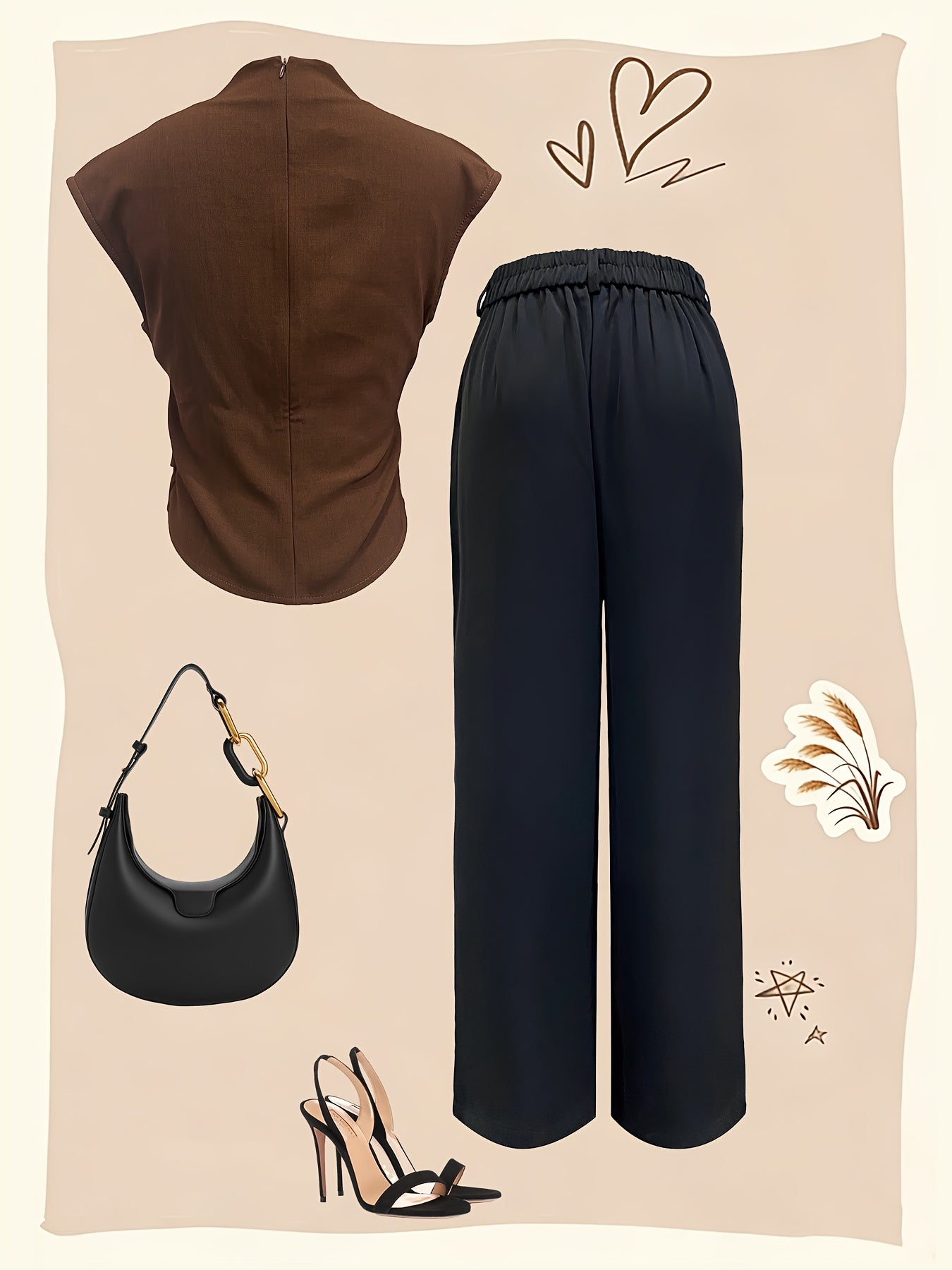 A Women'S Outfit Consisting of a Top And Straight-Leg Pants, Featuring a Half-High Collar, Short Sleeves, a Fitted Waist with a Wavy Buckle, Paired with a Tailored Narrow-Leg Wide Pant That Creates a Effect And an Elegant Dra - ayq