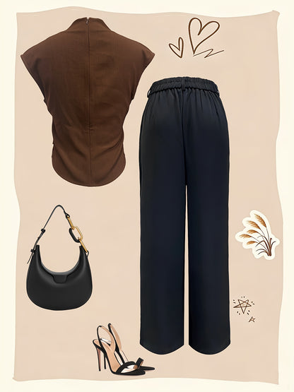 A Women'S Outfit Consisting of a Top And Straight-Leg Pants, Featuring a Half-High Collar, Short Sleeves, a Fitted Waist with a Wavy Buckle, Paired with a Tailored Narrow-Leg Wide Pant That Creates a Effect And an Elegant Dra - ayq