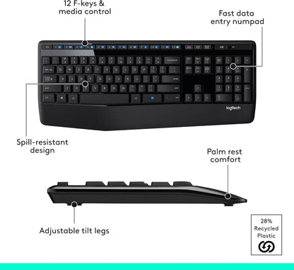 Logitech MK345 Wireless Combo Full-Sized Keyboard with Palm Rest and Comfortable Right-Handed Mouse, 2.4 Ghz Wireless USB Receiver, Compatible with PC, Laptop,Black