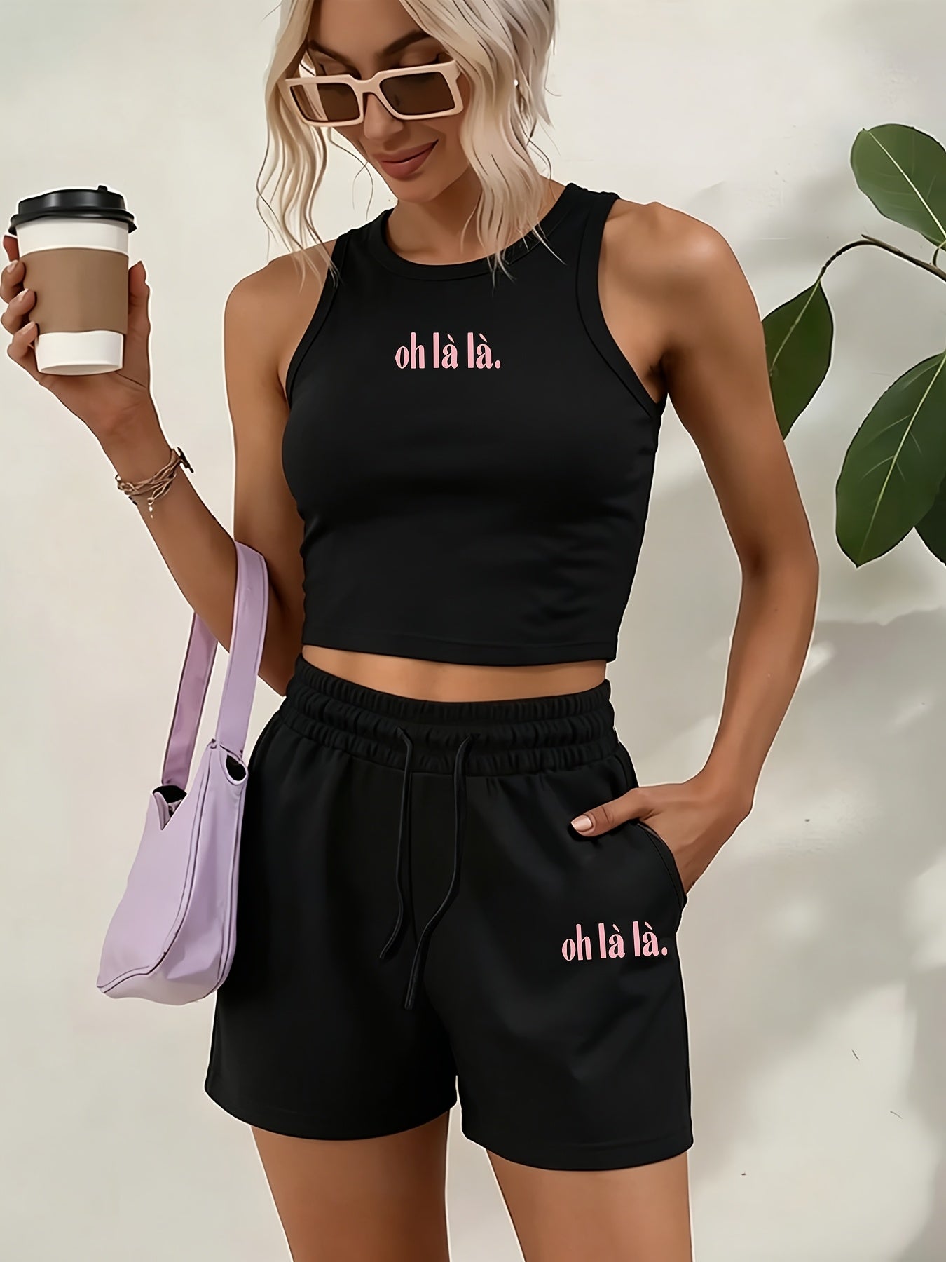Women's Casual Two-Piece Set with English Print and Wide Leg Pants