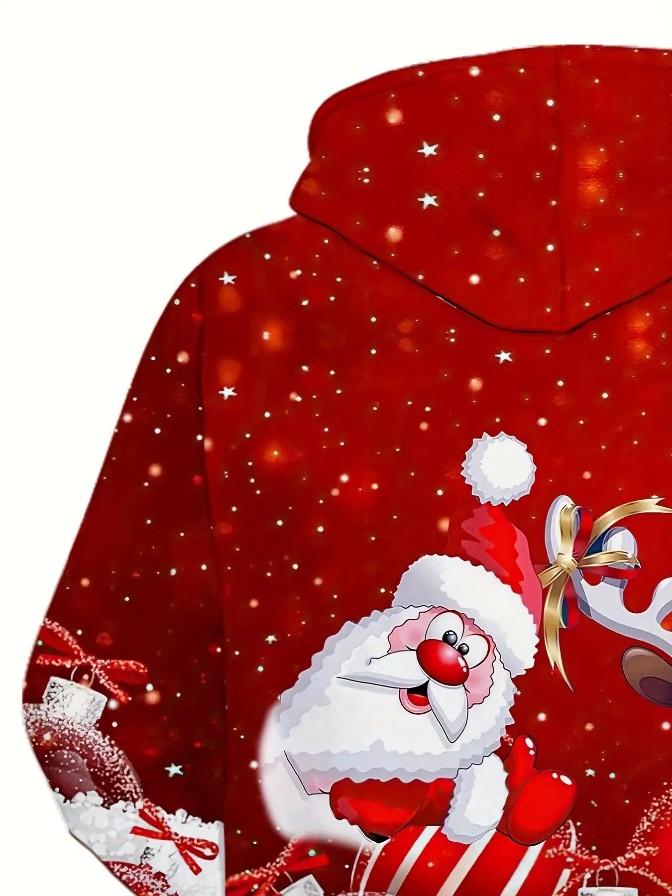 Men's 3D Santa & Rudolph Christmas Hooded Sweatshirt - Red/Green Festive Pullover Hoodie with Reindeer Antlers, Soft Polyester Knit Sweater for Holiday Parties, Winter Outfits & Casual Wear (Machine Washable), PLUS SIZE