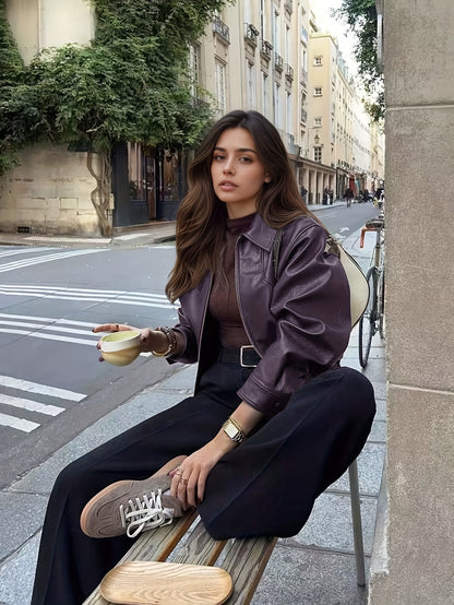 Women's Burgundy Retro-Casual Cropped Jacket with Lapel & Zipper