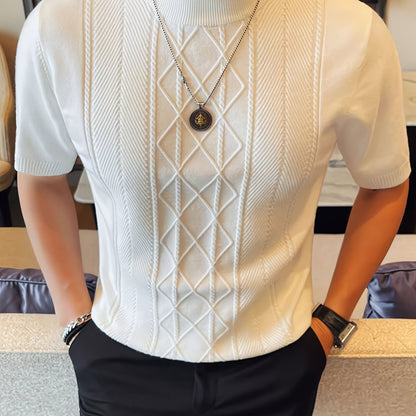 Men's New Solid Color Rhombus Fashion Semi-High Neck Knit Sweater, Spring/Summer Casual Short Sleeve Knit Top - ayq