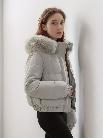 Women'S Winter Coat with Removable Faux Fur Hood - Thickened Loose Fit Long Sleeve Jacket, Zippered Pockets & Button Front, Casual Solid Color Outerwear for Cold Weather, Cozy Warmth, Buttoned Closure, Durable Fabric