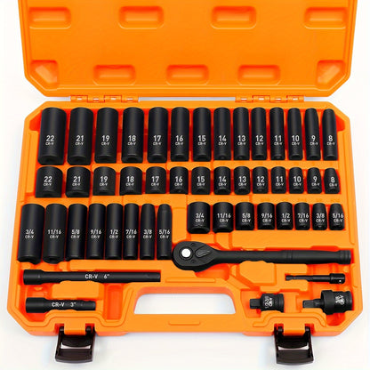 53/50pcs Chrome Vanadium Impact Socket Set, 3/8 Inch Drive, 6-Point Design, Includes SAE Sizes from 5/16 to 3/4 Inch and Metric Sizes from 8 to 22mm, with Ratchet Handle, Extension Bar, Adapter, and Glove
