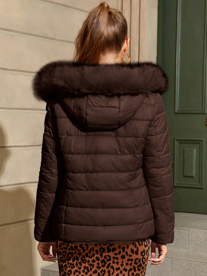 Women'S Heavyweight Winter Coat - Dual-Sided Reversible Jacket with Full-Zip Front, Hooded Collar, Two-Way Zipper Closure - Warm Outerwear for Cold Weather, Office, Travel - Elegant Brown Coat (Size & Wash Label in Pocket), L