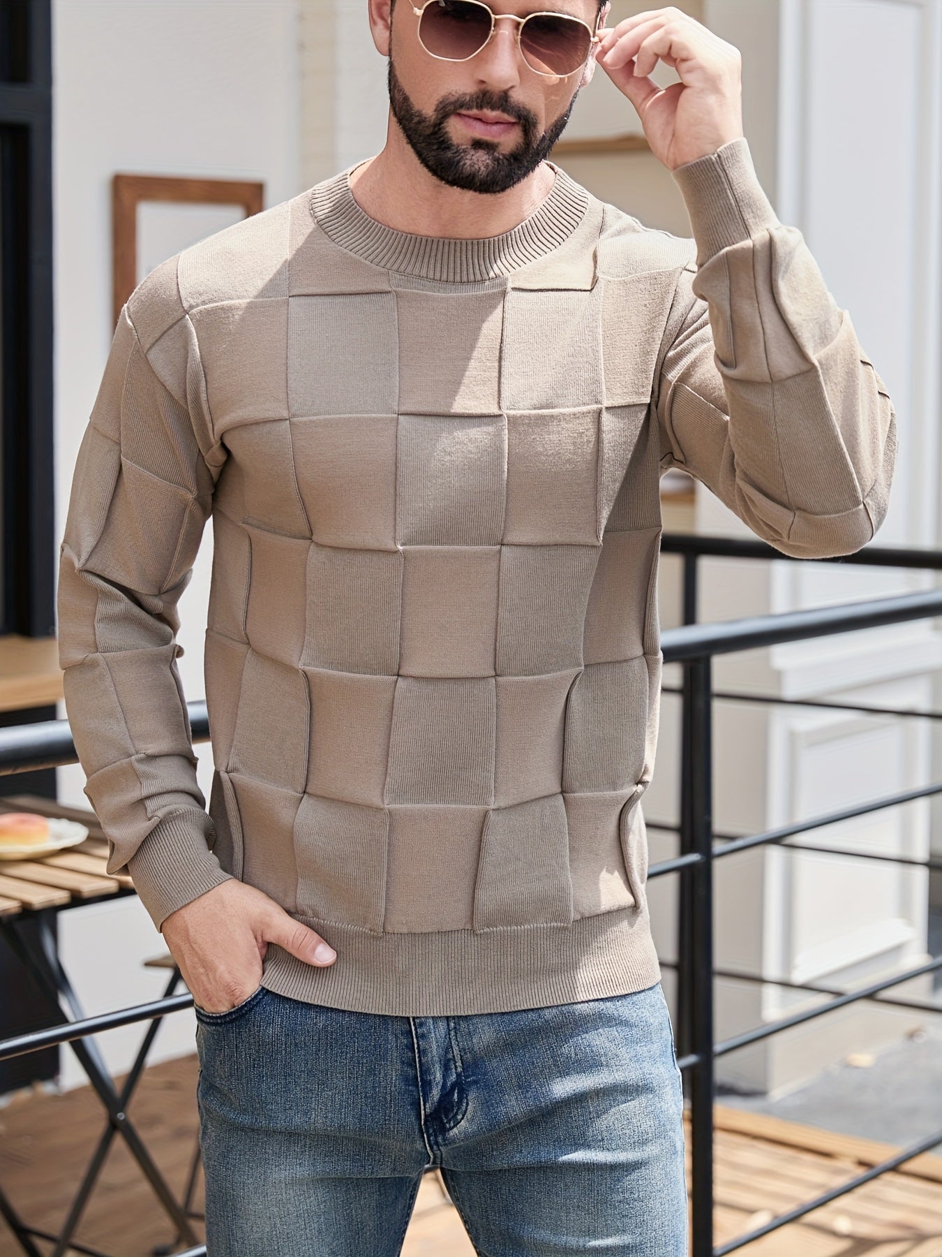 Տղամարդու կլոր վզնոցով, տեքստուրավորված երկրաչափական նախշերով, միագույն սվիտեր, աշնանային և ձմեռային նորաձև երկարաթև սվիտեր