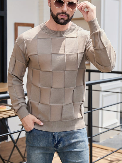 Տղամարդու կլոր վզնոցով, տեքստուրավորված երկրաչափական նախշերով, միագույն սվիտեր, աշնանային և ձմեռային նորաձև երկարաթև սվիտեր