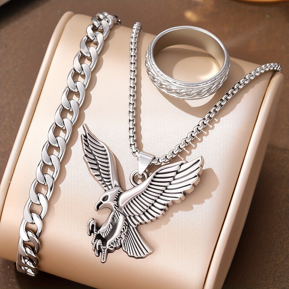 3 հատ «Արծվի գլուխ» կախազարդով ոսկեգույն արծաթափայլ վզնոցի հավաքածու, հաստ շղթա + մատանի 3 հատ հավաքածու, տղամարդկանց թեթև շքեղ նվեր