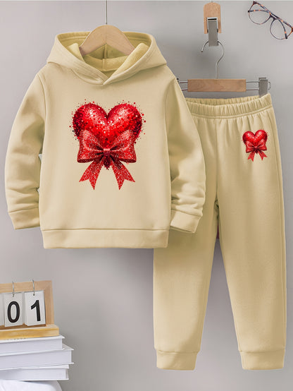 Girls' Autumn and Winter Thickened Hoodie Sports Two-Piece Set, Red Heart Bow Print Hoodie + Pants Outfit, Soft Light Beige-Friendly Fabric, Comfortable Warm Non-Shedding, Suitable for Outdoor Play, School, Holiday Gatherings
