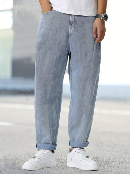 Trendy And Stylish Light-Wash Straight-Leg Jeans in American Style, Comfortable Long Pants.