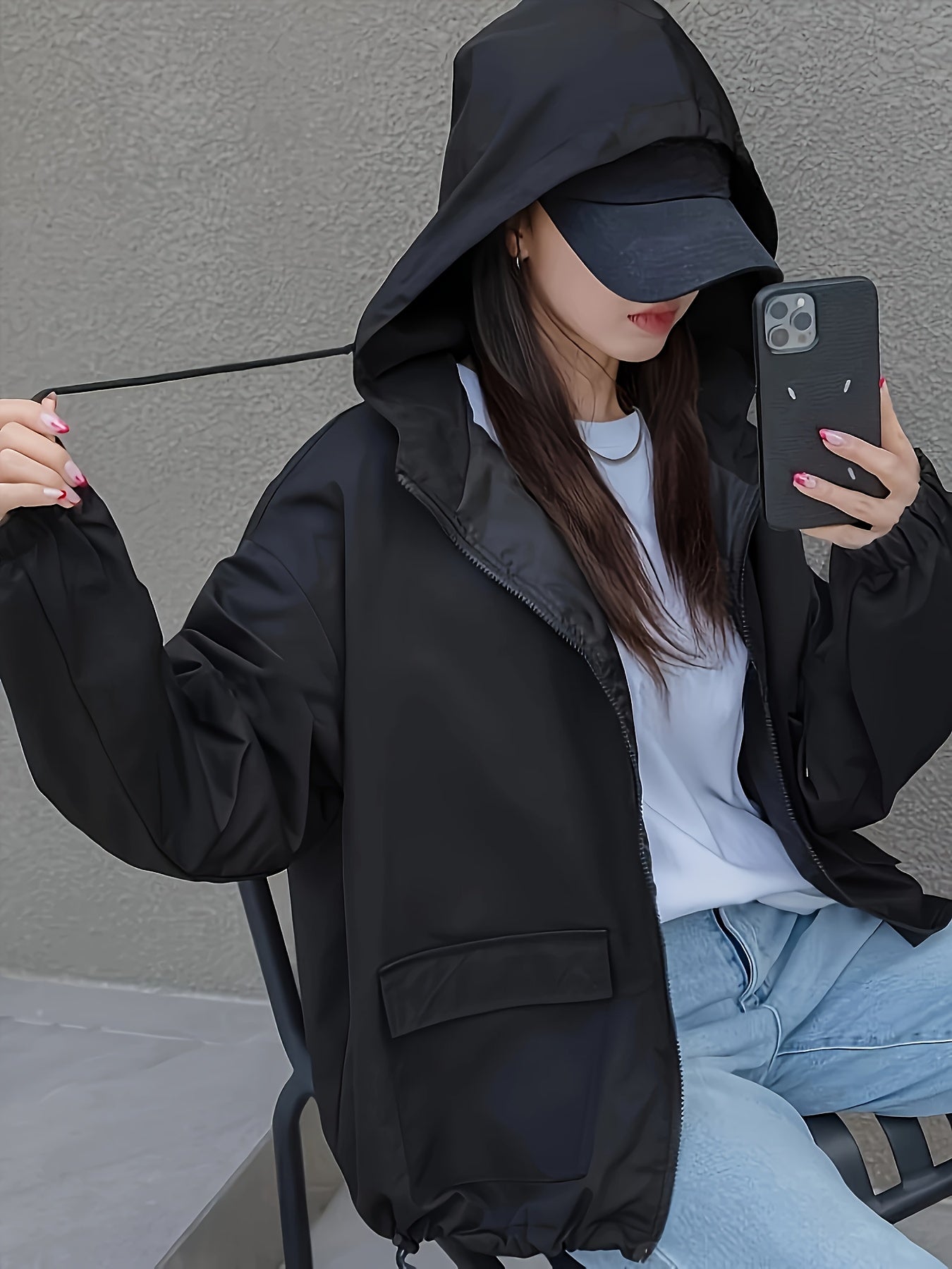 Women's Windproof Zip-Up Hooded Jacket - All-Season Lightweight Coat with Full-Zip Closure, Front Pockets - Elegant Minimalist Design for Office, Travel, Everyday Commute - Machine Washable Women's Outerwear, Zip Up Jacket, C