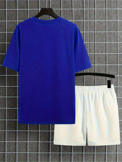 New Summer Men's Printed 2pcs Fashion Casual Suit, Round Neck Short Sleeve T-shirt and Waistband Shorts Set