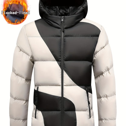 Men's Insulated Winter Jacket with Removable Hood & Thickened Lining - Dark Green/Black Color-Block Design, Zippered Pockets, Full-Zip Closure, Polyester Shell & Insulation for Casual Outdoor & Casual Attire - Cold Weather Co