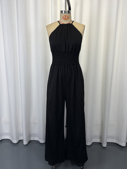 Women's Bohemian Sleeveless Jumpsuit with Wide-Leg Pants and Pockets