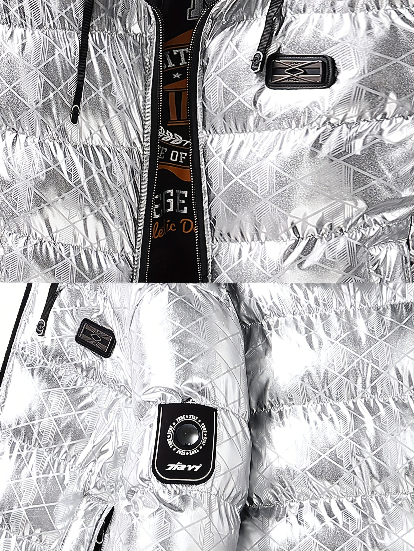 Men'S Stylish Hooded Winter Jacket - Thickened, Warm, and Trendy with Geometric Pattern, Black with Orange Accents, Polyester Filler, Perfect for Cold Weather, Winter Jacket Hooded