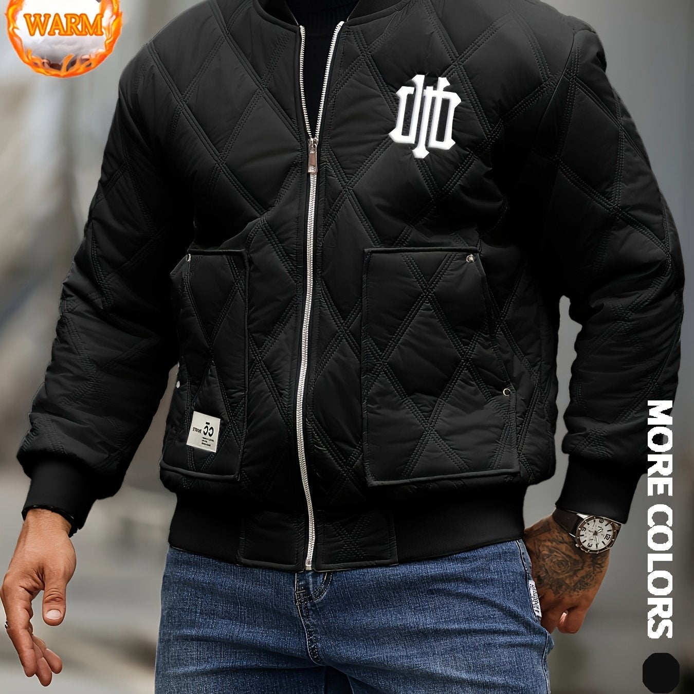 Men's Heavy-Duty Winter Jacket with Thick & Windproof, White Coat with Black Logo & Lettering, Large Zippered Pocket, Machine Washable - Casual Outerwear for Skiing, Travel, Streetwear (Regular Fit), Winter Jacket For Men, Me