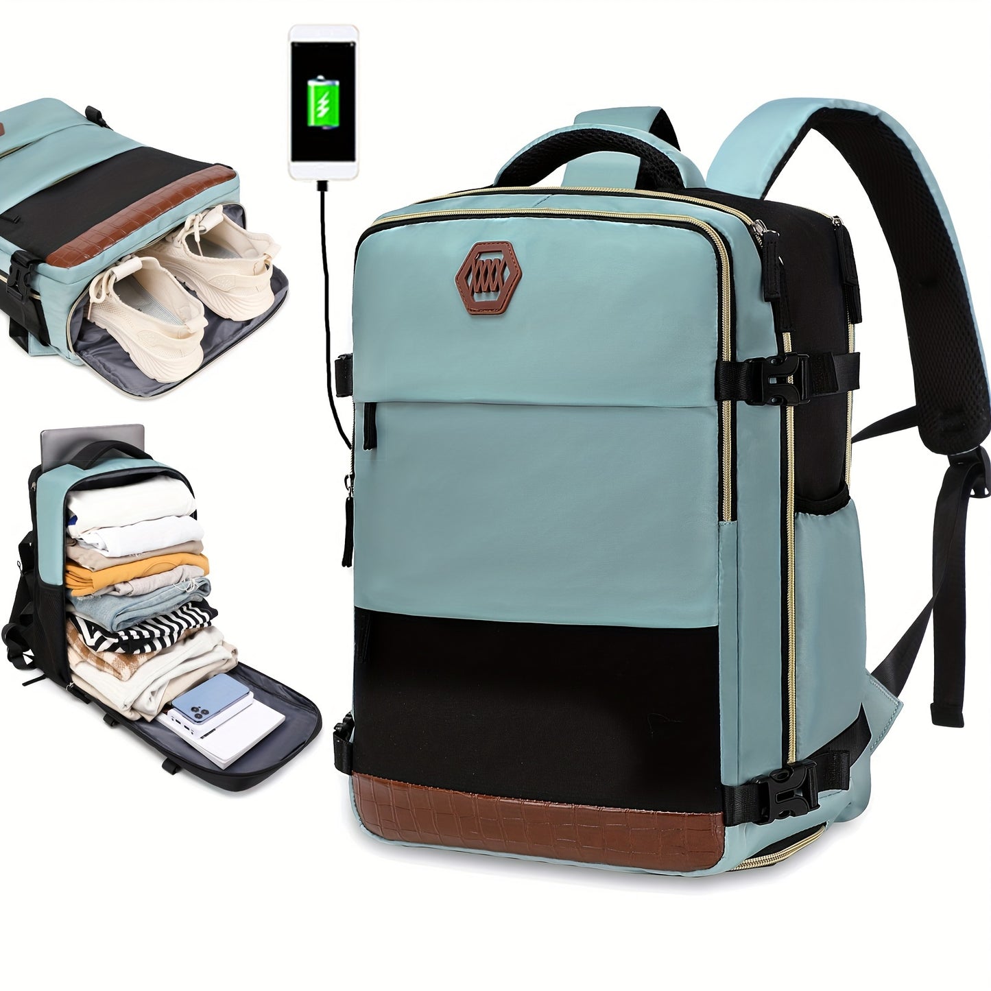 Airline-Approved 38.1cm Laptop Travel Backpack for Women, Light Blue Polyester with Adjustable Straps, Shoe Compartment & USB Charging Port - Ideal for School & Work Trips, Laptop Bag