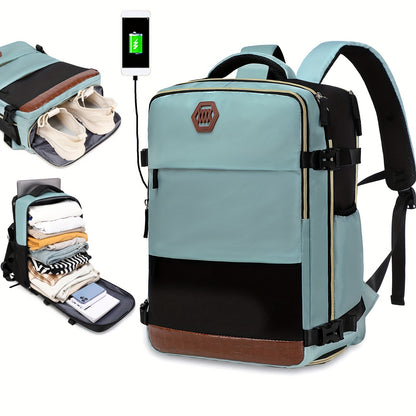 Airline-Approved 38.1cm Laptop Travel Backpack for Women, Light Blue Polyester with Adjustable Straps, Shoe Compartment & USB Charging Port - Ideal for School & Work Trips, Laptop Bag