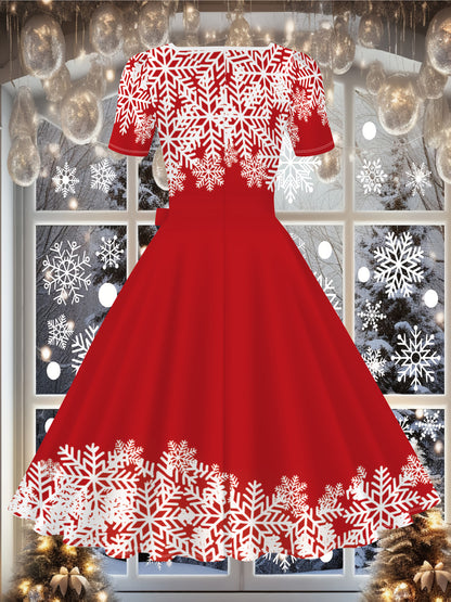 Women's Elegant Red & White Winter Snowflake & Snowman Print A-Line Dress with Square Neckline - Machine Washable Floor-Length Party Dress for Christmas, New Year's Eve, Everyday Winter Outfits - Festive Party Attire with Poi