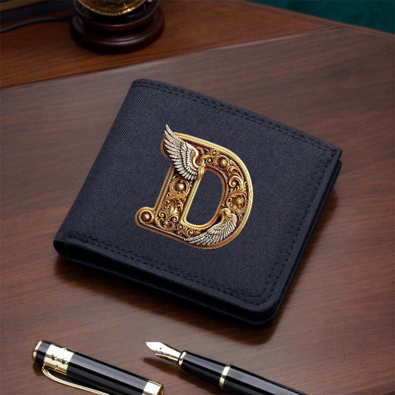 1pc Men's Short Canvas Initial Name Wallet, Zippered Denim Wallet for Men, Plain Ultra-Thin Letter Wallet for Men