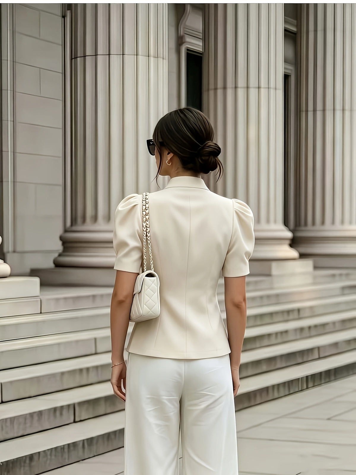 Elegant Women's Solid Color Puff Sleeve Short Jacket - ayq