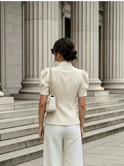 Elegant Women's Solid Color Puff Sleeve Short Jacket - ayq
