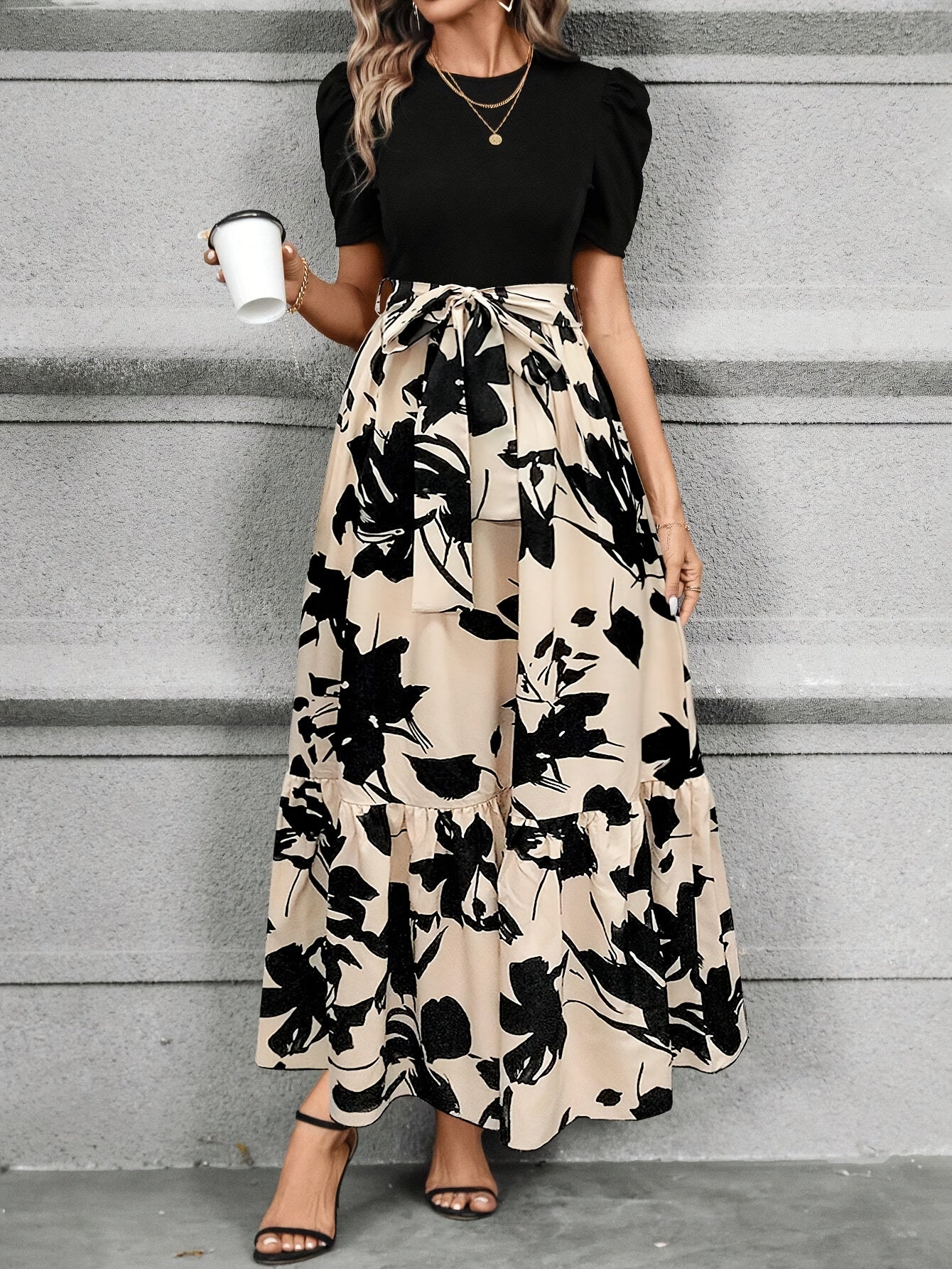 Print Midi Dress with Belt - Crew Neck, Short Sleeve, Non-Stretch Polyester - Machine Washable - Perfect for All Seasons