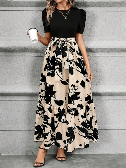 Print Midi Dress with Belt - Crew Neck, Short Sleeve, Non-Stretch Polyester - Machine Washable - Perfect for All Seasons