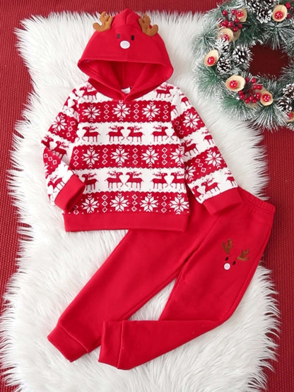 Տղաների համար նախատեսված ամանորյա, ասեղնագործված, սովորական չափսի, գլխարկով, երկար թևքերով, բրդյա բաճկոնով և տաբատով հագուստ՝ աշուն/ձմեռ, իդեալական է բացօթյա օգտագործման համար։