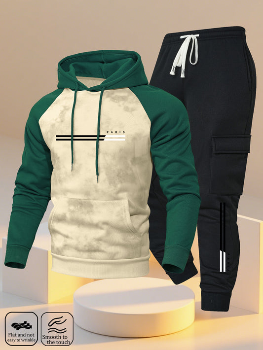 A New Trendy Color-Blocked Hoodie with Raglan Sleeves And Loose-Fitting Cargo Pants Featuring Multiple Pockets, Perfect for Casual Everyday Wear. This Breathable Hoodie And Loose Long Pants Set Comes in a Two-Piece Print Desi - ayq