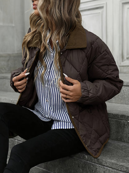 Ռոմբուսաձև նախշերով կանացի նորաձև վերնաշապիկ, օձիքով միահյուսված միաշերտ կարճ վերարկու, ձմեռ 2024, նորույթ, կոնտրաստային զարդանախշ, փոքր չափսի բաճկոն, նորաձև տաք, առօրյա վերնազգեստ, բարձր գնահատականներ ստացած