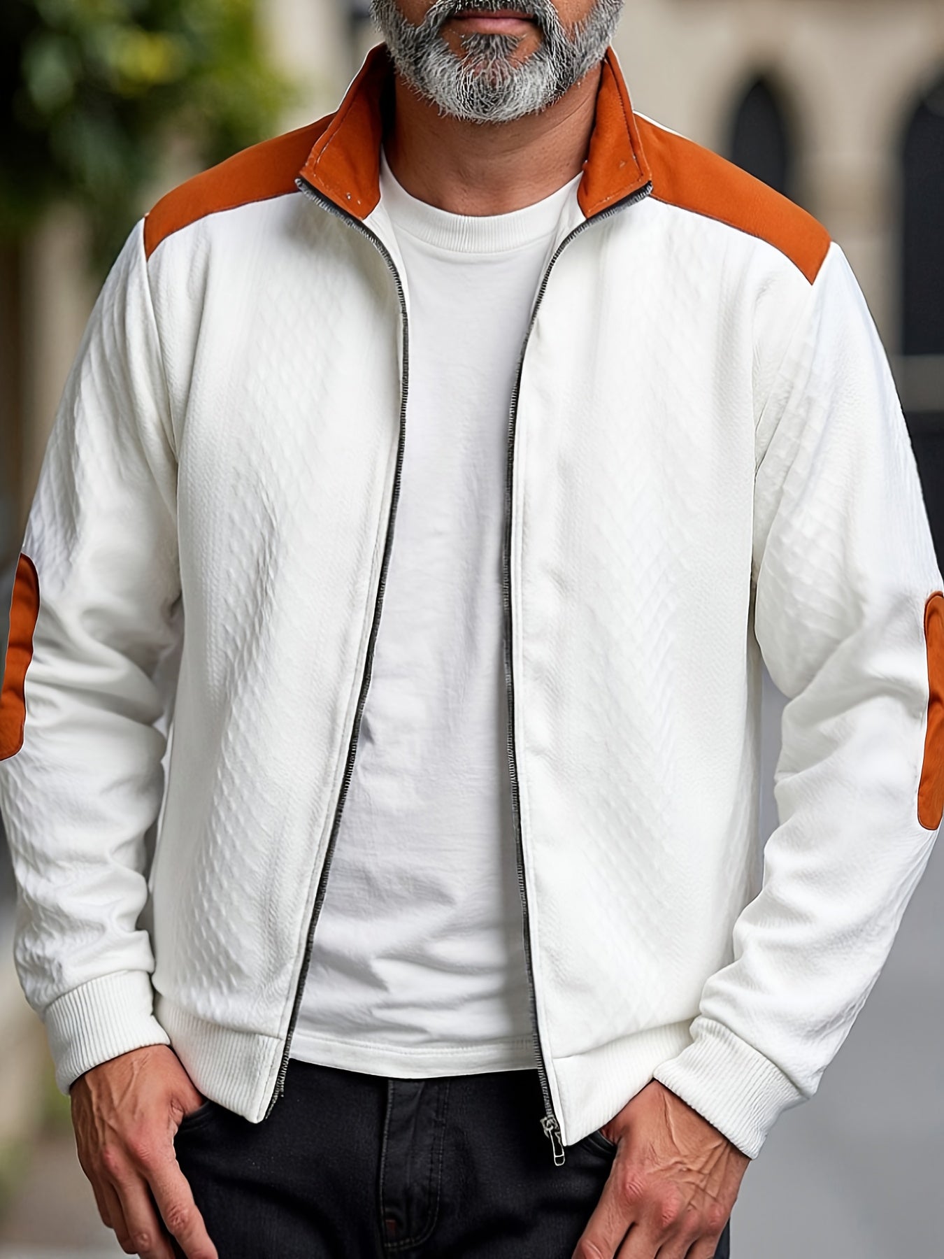 Men's Beige & Orange Contrast Full-Zip Jacket - Winter Warmth Loose-Fit Tailored Coat with Stand Collar, Zippered Pockets & Full-Zip Closure, Machine Washable Casual Outerwear for Men (Beige/Orange) - Ideal for Fall and Winte