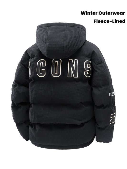 789 Տղամարդու նորաձև, հաստ ձմեռային գլխարկով վերարկու - տաք բրդյա աստառով բաճկոն «CONS» տառի նախշով, ազատ չափս, սպիտակ, առօրյա ձմեռային վերնազգեստ, ձմեռային բաճկոն