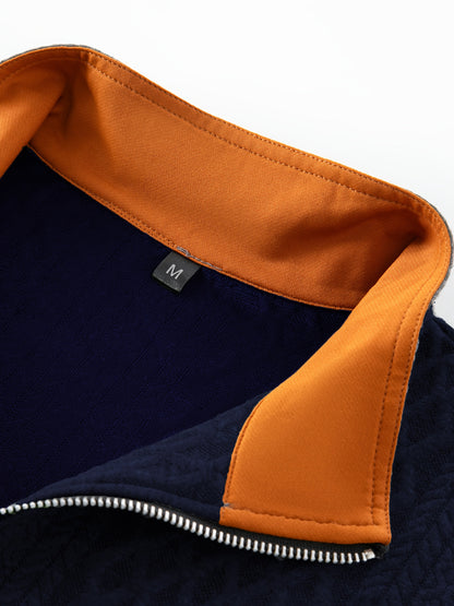 Men's Beige & Orange Contrast Full-Zip Jacket - Winter Warmth Loose-Fit Tailored Coat with Stand Collar, Zippered Pockets & Full-Zip Closure, Machine Washable Casual Outerwear for Men (Beige/Orange) - Ideal for Fall and Winte