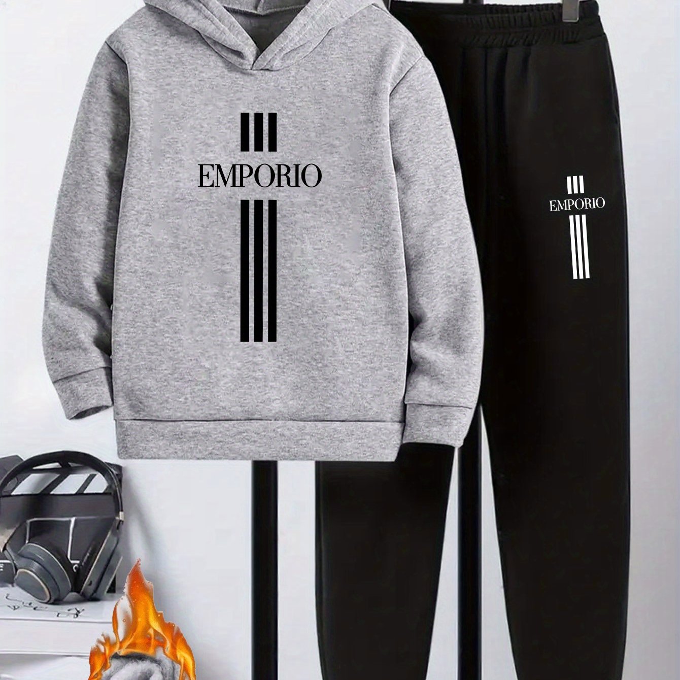 Boys' 2pcs Hoodie and Sweatpants Set with EMPORIO Print, Polyester Material, Comfortable Fit for Autumn/Winter Wear, Perfect for Daily Use and Outdoor Activities | Back-to-School Gift | Ideal for Home Sports | Essential for R