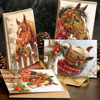 1set/12pcs/24pcs Christmas Horse Pattern Greeting Cards with Envelopes, Folded 9*13cm, 3.54*5.11in; Unfold 18*13cm 7.08*5.11in, 9 Sheets per Set, Christmas Cards With Envelopes, Funny Christmas Cards, Cards For All Occasions