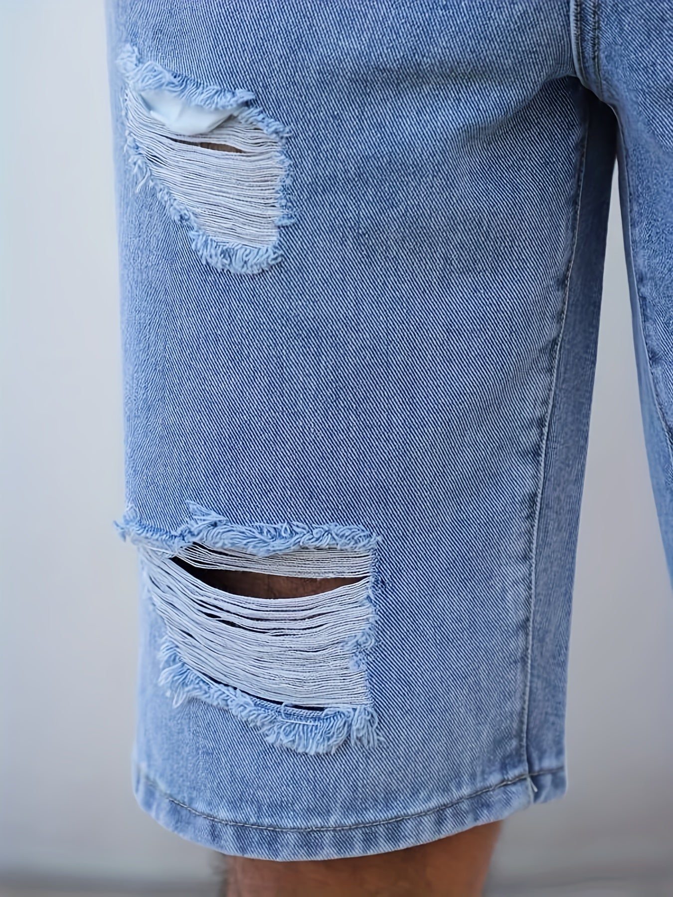 Men'S Casual Ripped Denim Shorts, 85% Cotton 15% Polyester Blend, Knee High, Non-Stretch, Solid Color, Loose Fit Skinny Contour, Woven Fabric, 375g/m² - Summer Fashion