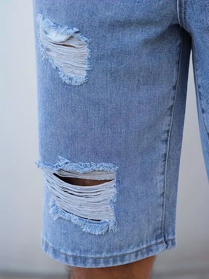 Men'S Casual Ripped Denim Shorts, 85% Cotton 15% Polyester Blend, Knee High, Non-Stretch, Solid Color, Loose Fit Skinny Contour, Woven Fabric, 375g/m² - Summer Fashion