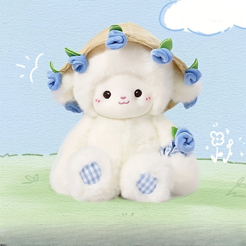 Adorable Plush Doll of a Cartoon Sheep Holding a Flower, Featuring a Fluffy Simulation Lamb Design. This Cute Kawaii Animal Plush Toy Makes a Perfect Birthday Gift