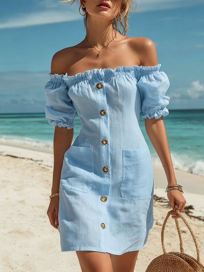Women's Linen Off-Shoulder Ruffle Hem Mini Dress for Spring