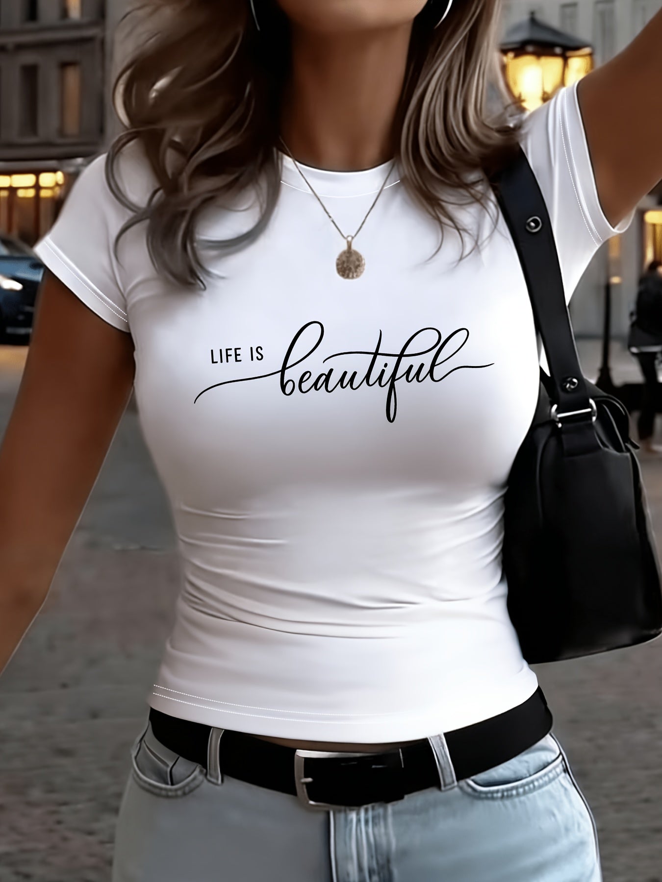 Slim Fit LIFE IS Beautiful Letter Print T-Shirt for All Seasons - ayq