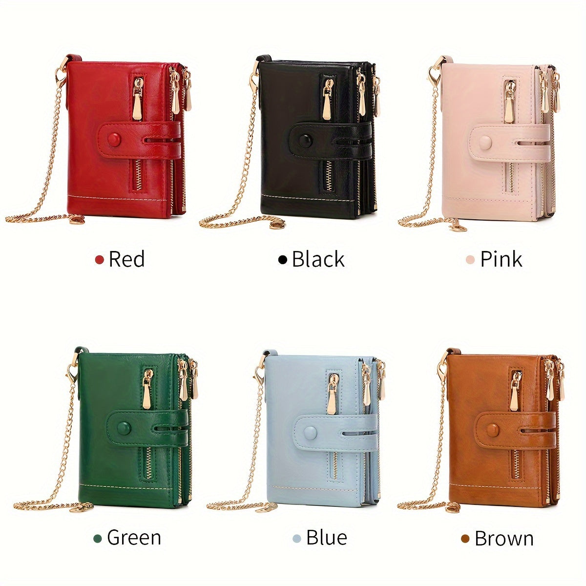 MIYIN Women'S & Men'S Red Bifold Wallet with Anti-Theft Chain Lock, Golden-Tone Hardware & Removable ID Window - Multi-Compartment Organizer with Card Slots